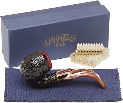 Savinelli Roma Lucite 614 Rusticated Finish Briar Wood Pipe With 100 Balsa Filters, Italian Hand Crafted Pipe Set