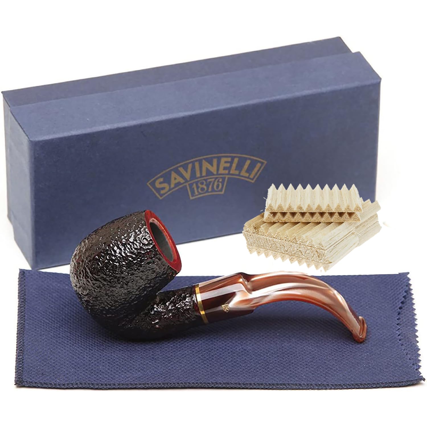 Roma Lucite 614 Rusticated Finish Briar Wood Pipe With 100 Balsa Filters, Italian Hand Crafted Pipe Set