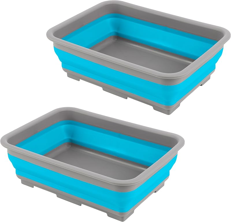 Collapsible Bucket for Cleaning 2-Pack - 7.27L Foldable Wash Bin Dish Tubs - Collapsible Wash Basin or Camping Sink Set for Beach, Tailgating or Soaking Laundry - Cleaning Supplies by Wakeman (Blue)