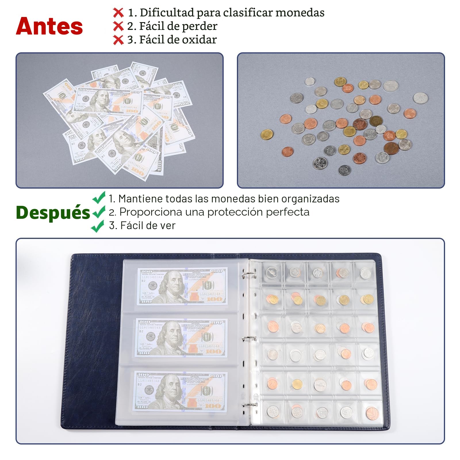 Álbum para Colección de Billetes y Monedas de Cuero, Contiene 150 Bolsillos para Monedas y 24 Bolsillos para Billetes, álbum para coleccionar monedas grandes, billetes y sello de dinero(azul)