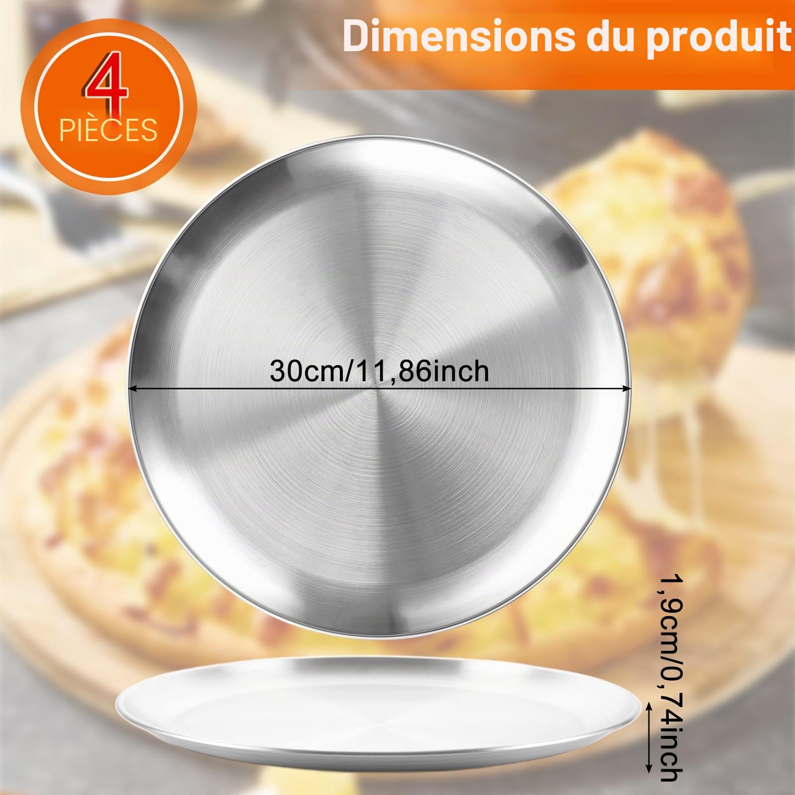 WOPPLXY Lot de 4 plaques à pizza Ø 30 cm - Plaque à pizza ronde en acier inoxydable pour la cuisson au four - Facile à nettoyer et passe au lave-vaisselle