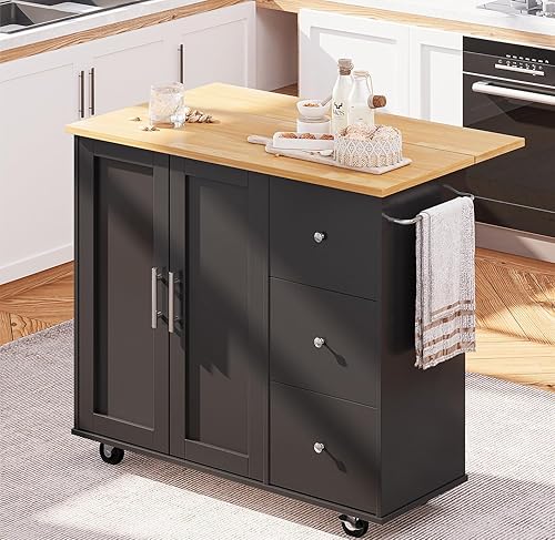 Miniatura 10 de SUNLEI Isla de cocina con armario de almacenamiento, carrito de cocina de 42 pulgadas con ruedas con estantes, asa de carrito para toallero o