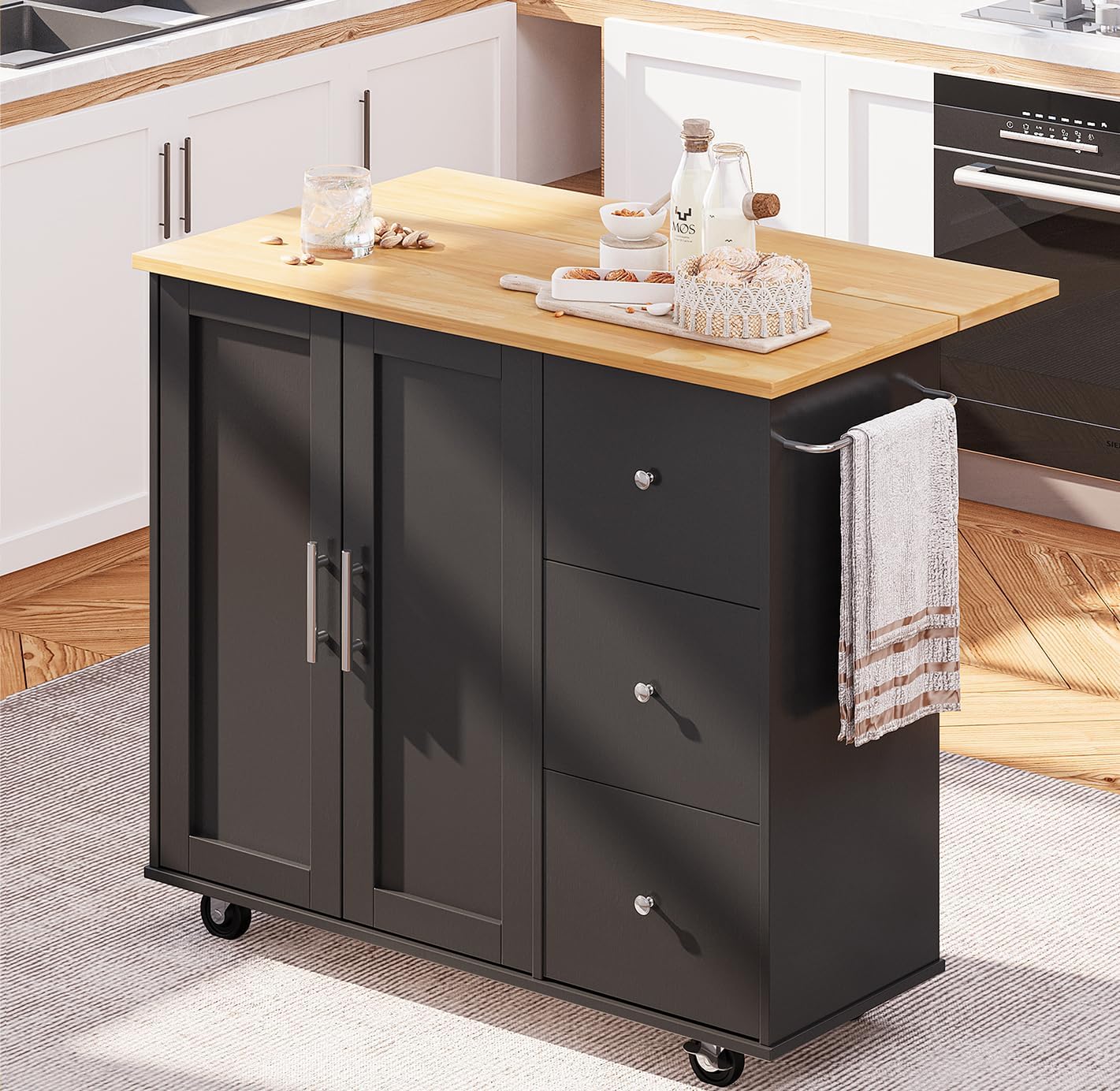 SUNLEI Kitchen Island on Wheels with Storage Cabinet & Foldable Drop Leaf, Rolling Kitchen Table, Cart Handle for Towel Rack, Drop Leaf, Portable Islands for Kitchen (Classic Black, 39.7-INCH)…