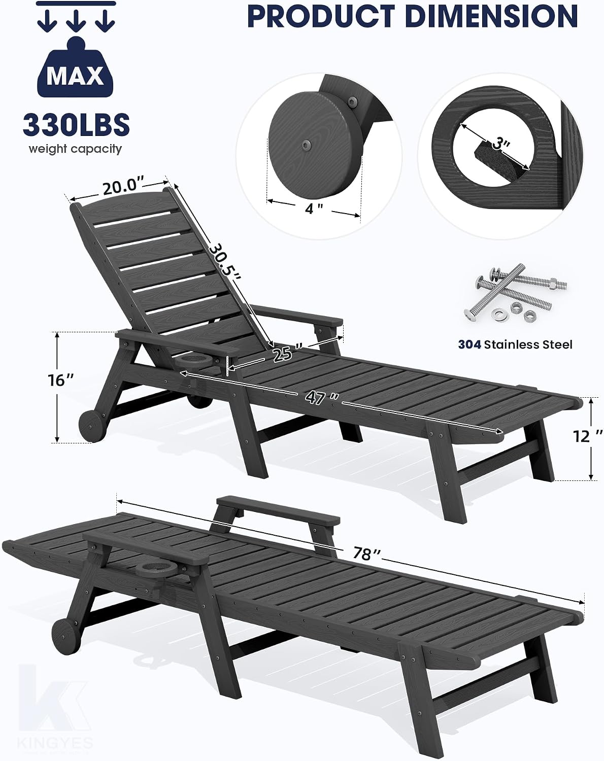 KINGYES HDPE Lounge Chair Outdoor Set of 2, Patio Chaise Lounge Recliner with Cup Holder All Weather Pool Lounger for Outside, Grey