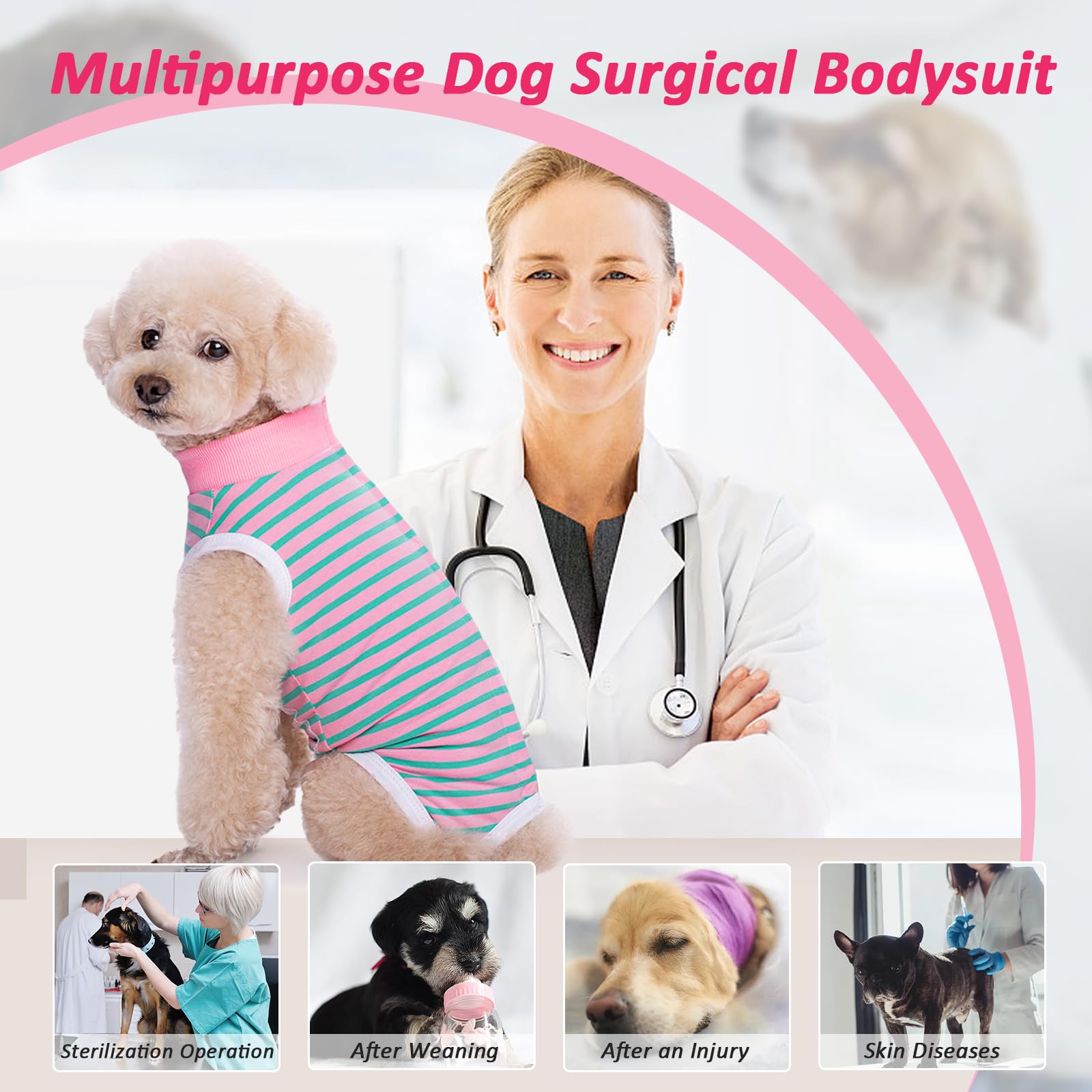Lyneun Body Post Operatorio Cane, Tutina per Recupero del Cane, Righe Tuta di Recupero per Cani Dopo L'intervento Chirurgico, Body Chirurgico Cane Protezione di Ferite Addominali(Rosa,XL)
