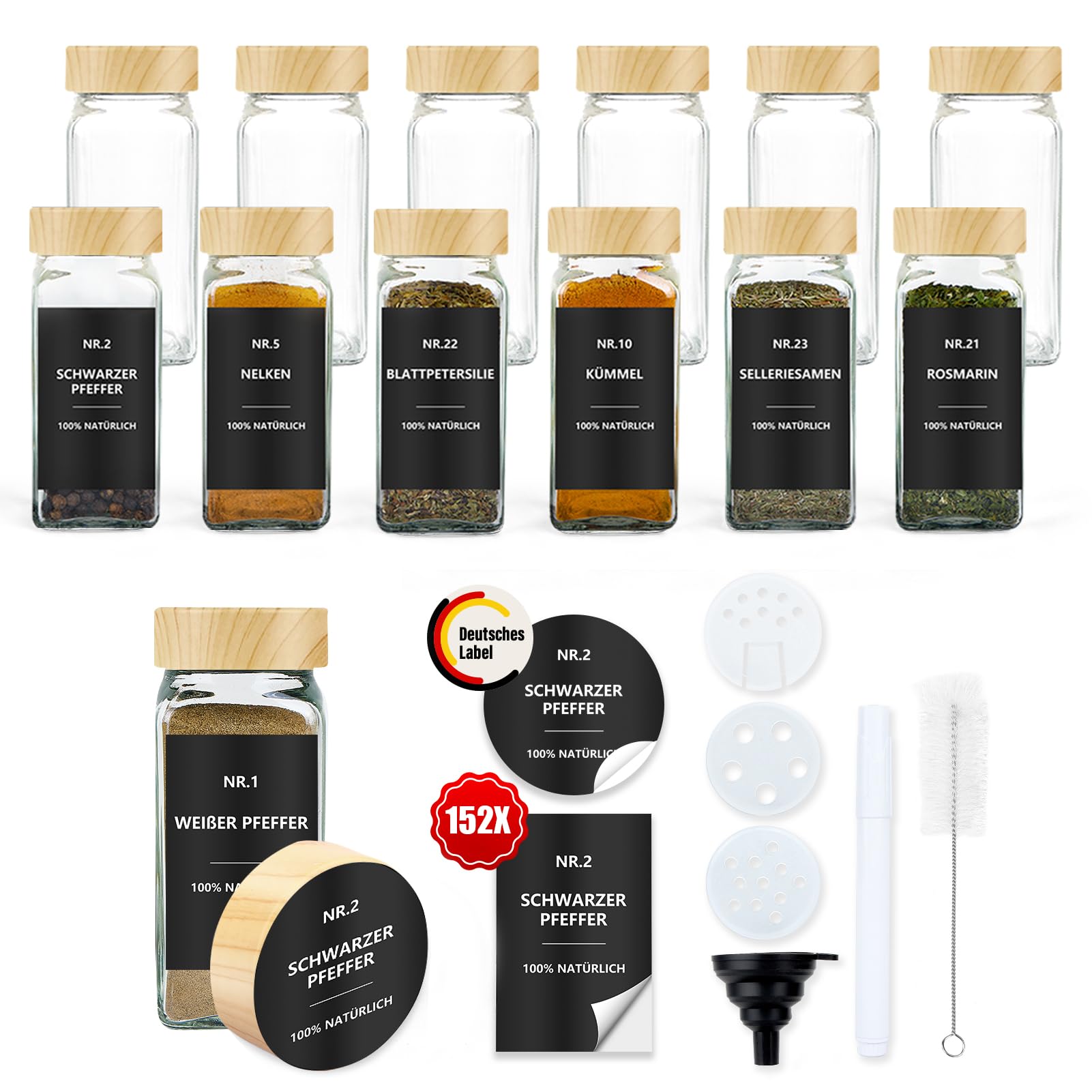 Gewürzgläser Eckig mit Etiketten Set 12er: Kleine Gewürzdosen Glas 120ml mit Streueinsatz Wasserfeste Labels - Aufbewahrung von Gewürzaufbewahrung für die Küche Schublade - Gewürzstreuer Holzmaserung