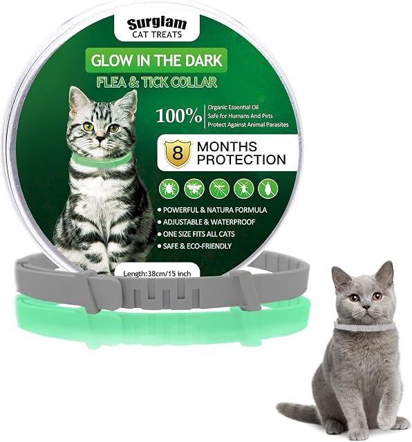 Cat Flea and Tick Collar, Luminous Safety Glow Flea Tick Natural Treatment Flea and Tick Collar, 8 Months Effective Protection Waterproof Adjustable for All Sized Kittens Cats and Pets-1 Pack