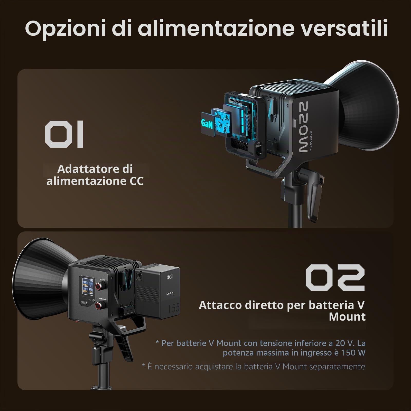 SMALLRIG RC 220B Pro Luce Video COB da 220 W, Luce Video Bicolore da 2700 K a 6500 K, Luce con montatura Bowens CRI 95+, Compatibile con 3 Metodi di Alimentazione - 4621