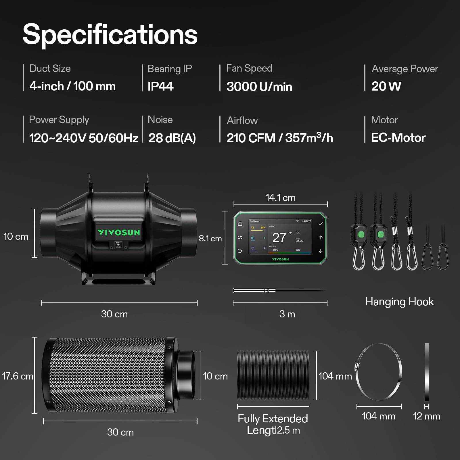 VIVOSUN Kit d‘Extraction d’Air Intelligent Pro 100mm AeroZesh T4 GrowHub E42A+ Contrôle VPD Température Humidité, Connexion APP Filtre à Charbon Actif Conduit Ventilation Tentes Culture Hydroponie