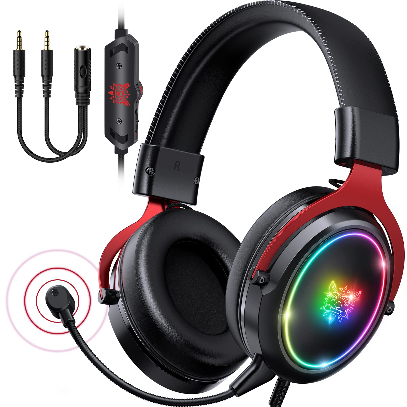 Ajsaki PS5 Gaming Headset with Microphone, PC Headset with Detachable Mic, Noise Cancelling Over-Ear Gaming Headphones with RGB LED Light, 7.1 Surround Sound for Nintendo Xbox One PS4 PS5 (Red)