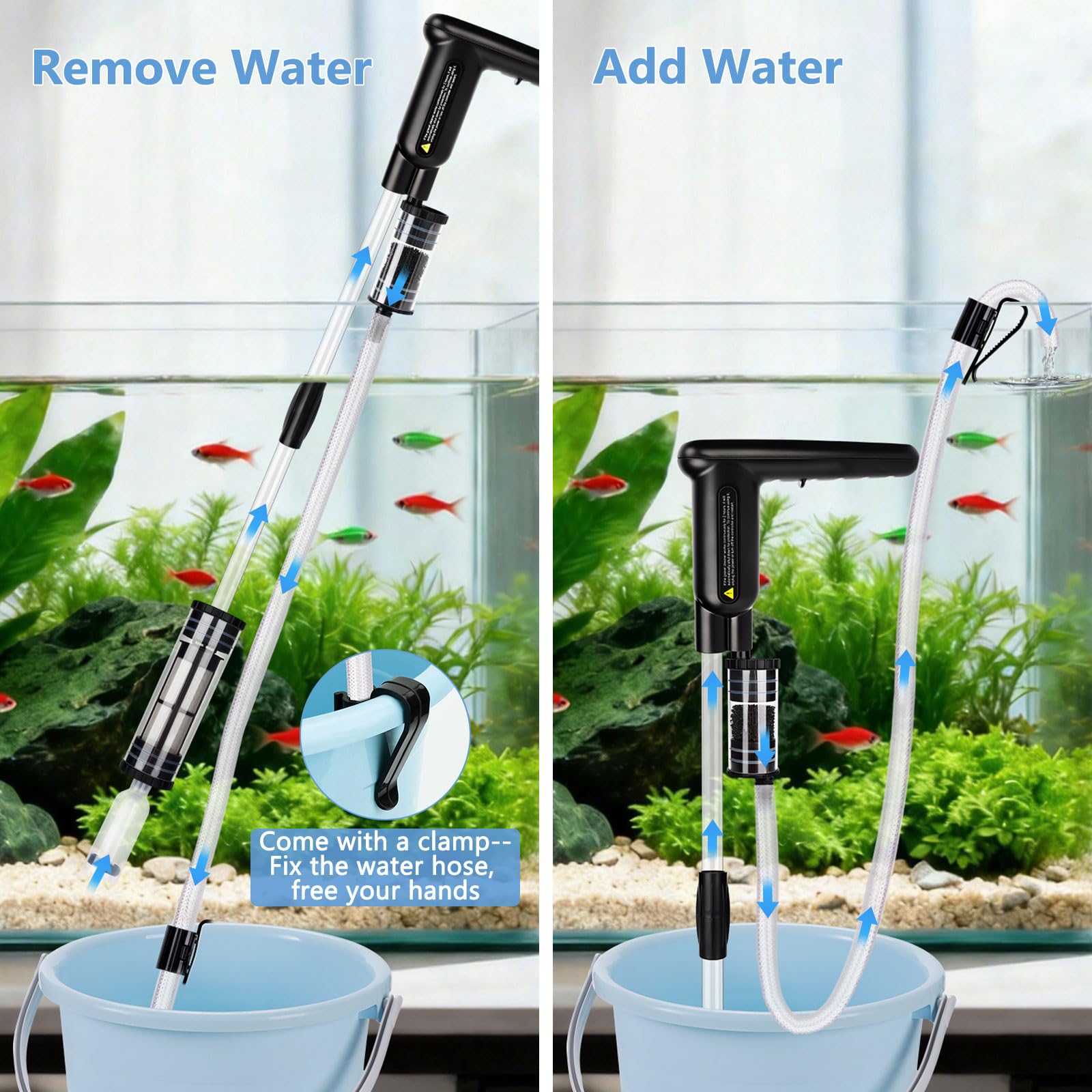 AQQA Limpiador de grava para acuario, limpiador de peceras mejorado de CC 18 W, kit de limpieza de arena ajustable para acuario, limpiador eléctrico 7 en 1 para peceras, limpiador de grava para cambio