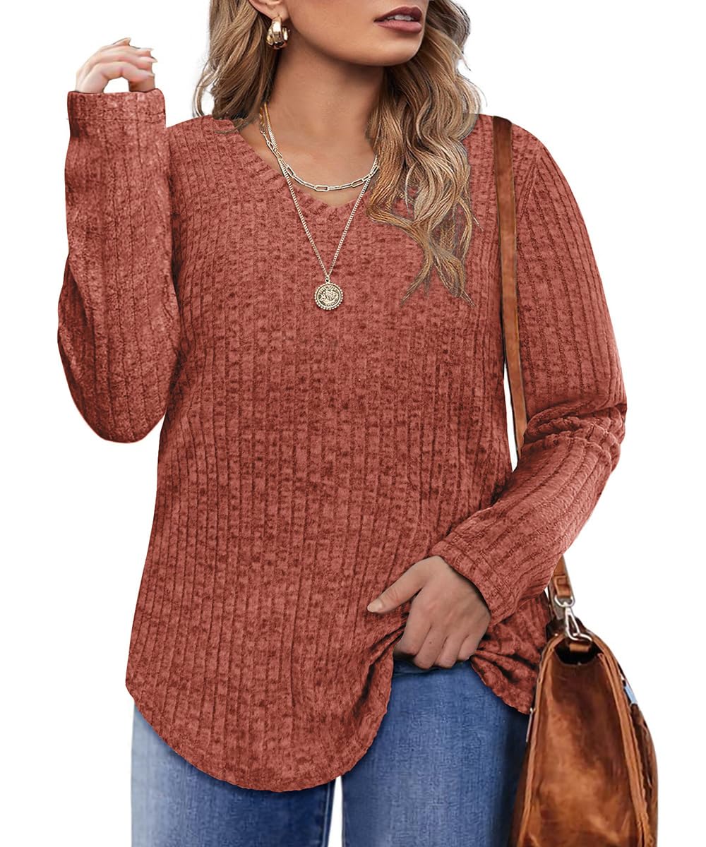 CARCOS Plus Size Tops for Women Long Sleeve Fall Shirts Lightweight Sweaters Basic V Neck Tunics 2024 Casual T Shirt XL-5XL