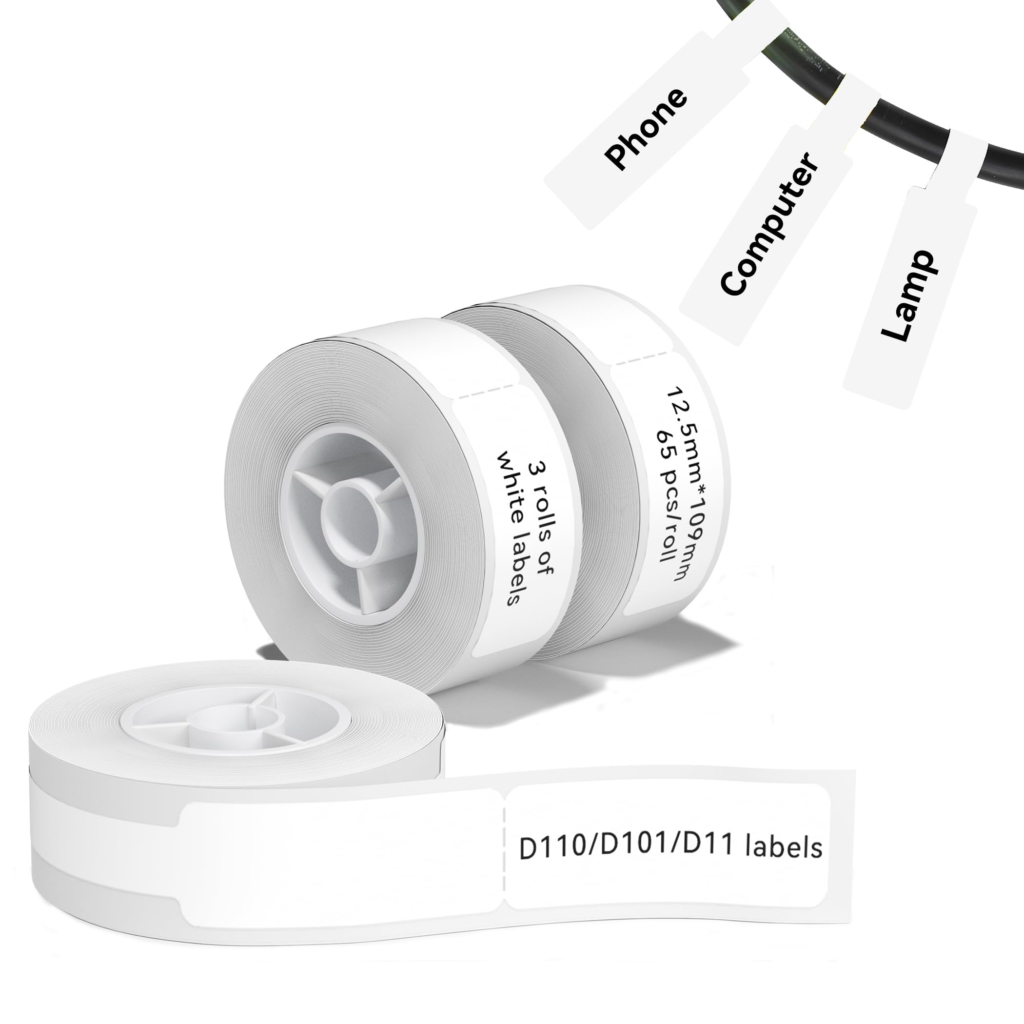 NIIMBOT3 Roll Cable Lable Maker Tape 0.49" x 4.29" (12.5×109mm) Printer Sticker Paper with Self-Adhesive for D11/D110/D101 Label Maker (White)