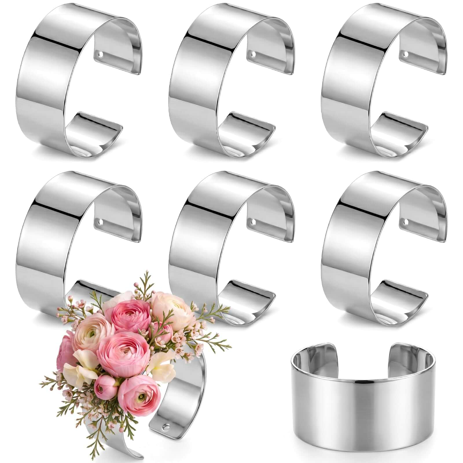 Liliaafar 6 Pcs Silver Corsage Wristlet Cuff Bracelets Women,Narrow Cuff Wrist Corsage Cuff, Wristlet Band, Arm Cuffs, Bangle, Wide Open, Wedding Bridal Party Prom Accessory, DIY