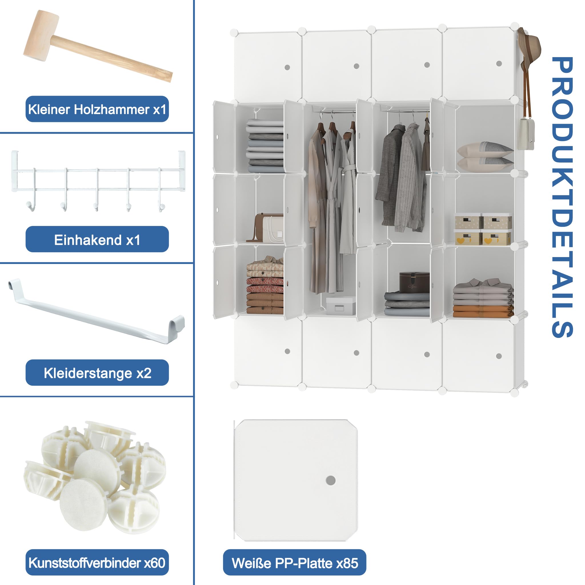 HENGMEI Kleiderschrank Würfelregal PP-Kunststoff Kleiderständer (20 Boxen, Weiß)