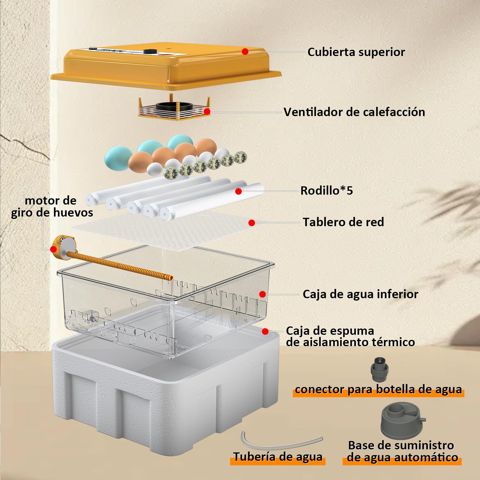 Incubadora Huevos Gallina con Control de Temperatura y Rotación Automática para 16 Huevos, Incubadora de Huevos Automática con Rodillos Ajustables y Adición Automática de Agua