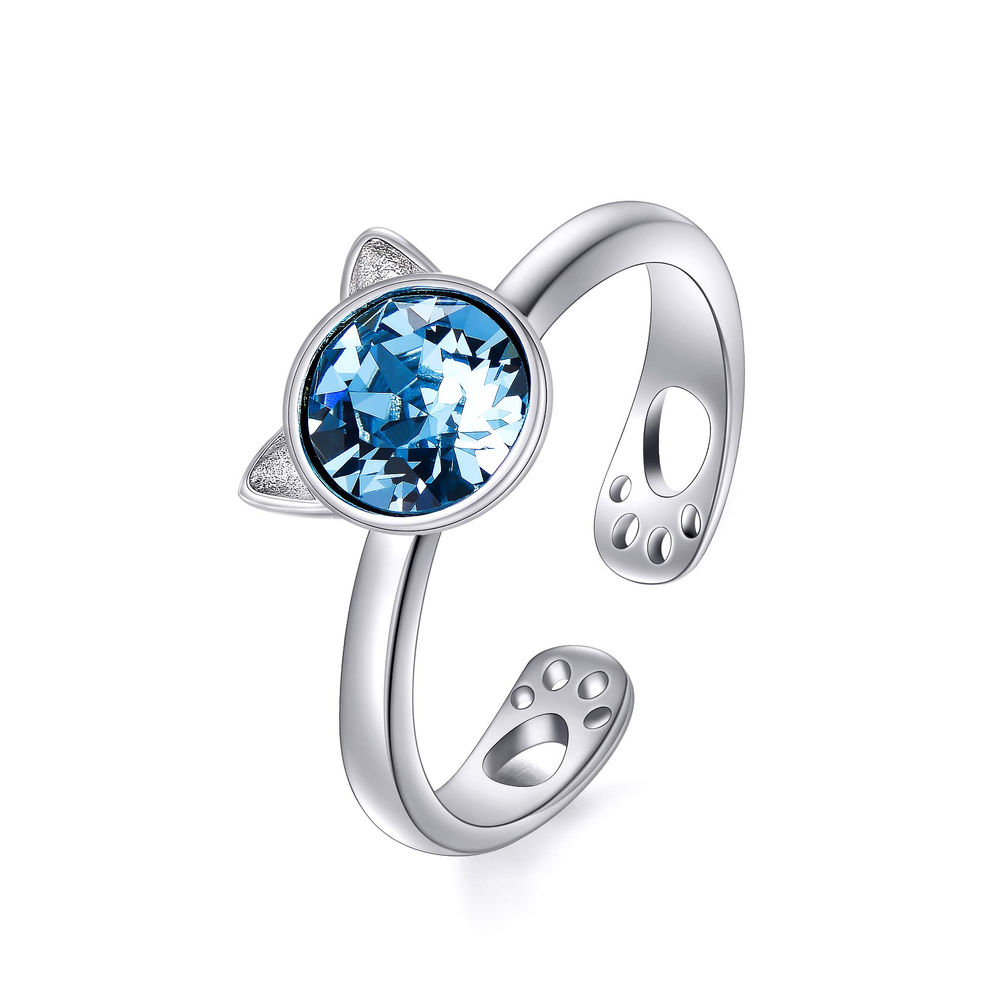 AOBOCO 925 Sterling Silver Cat Ring Cute Kitty Animal Ring for Animal Lovers Women Teen Girls Mom, Made with Austrian Crystal