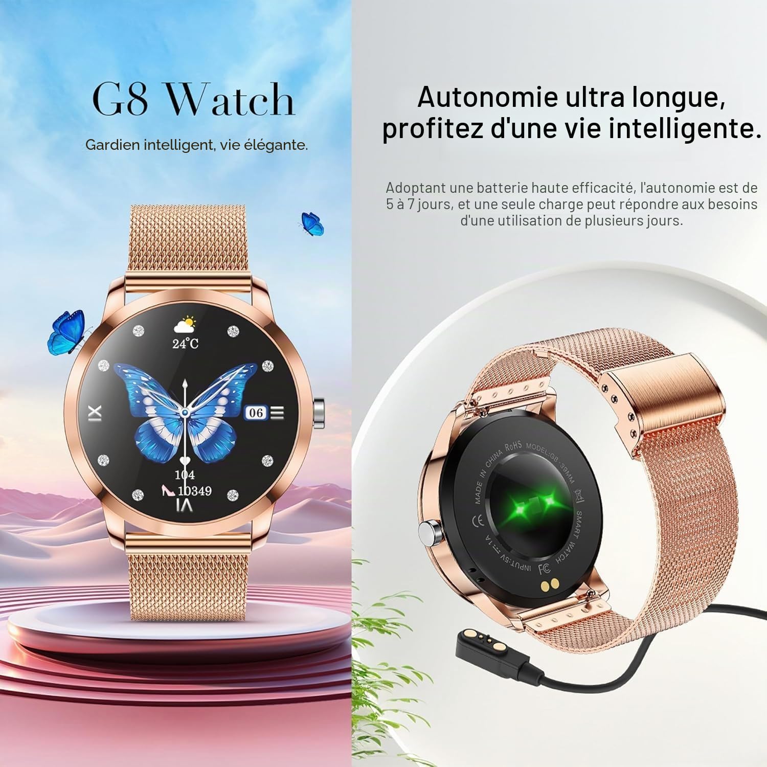 Montre intelligente pour femme, écran AMOLED de 1,32 pouces avec fonction téléphone, tracker de fitness, 123 modes sportifs, moniteur d'activité avec tension artérielle, moniteur de sommeil, podmètre