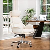 Glitzhome Cream Bonded Leather High-Back Ergonomic Office Chair - Adjustable Swivel Desk Chair with Headrest, Arms, Mid-Century Modern