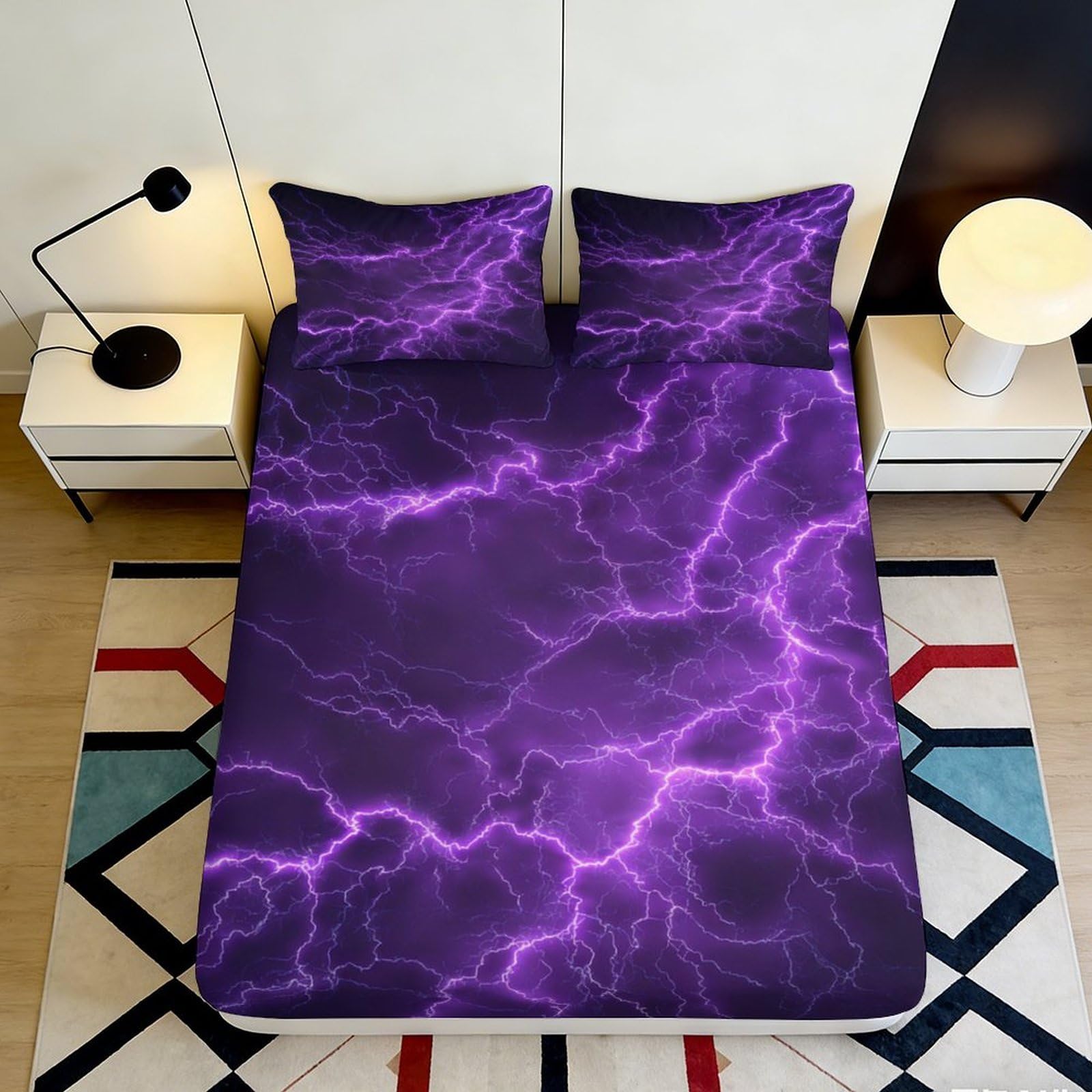3D Printed Purple Lightning Fitted Sheet Microfiber Mattress Cover Thunderbolt Bed Sheet for Bedroom Dorm Decorative 90x200x25cm