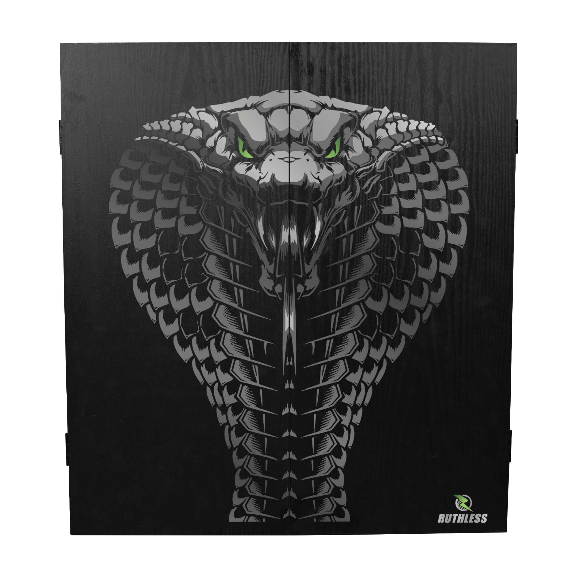 RUTHLESS Dart Board Cabinet | Professional Heavy Duty Square Black Dartboard Storage (Green Cobra)