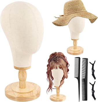 Beauty Star Wig Stand, 22inch Mannequin Head for Wigs with Detachable Strong Wood Base, Canvas Block Wig Head Holder Rack Ideal for Hair Styling, Display Hats, Wig Making, Headdress