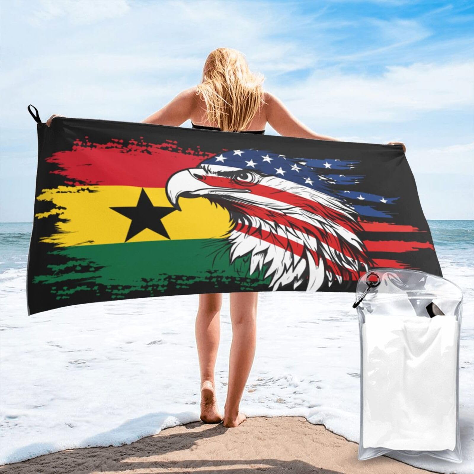 HACXZ America Flag and Ghana Ghanaian Flag Microfiber Beach Towel Lightweight Absorbent Travel Pool for Men Women 31.5"X63"
