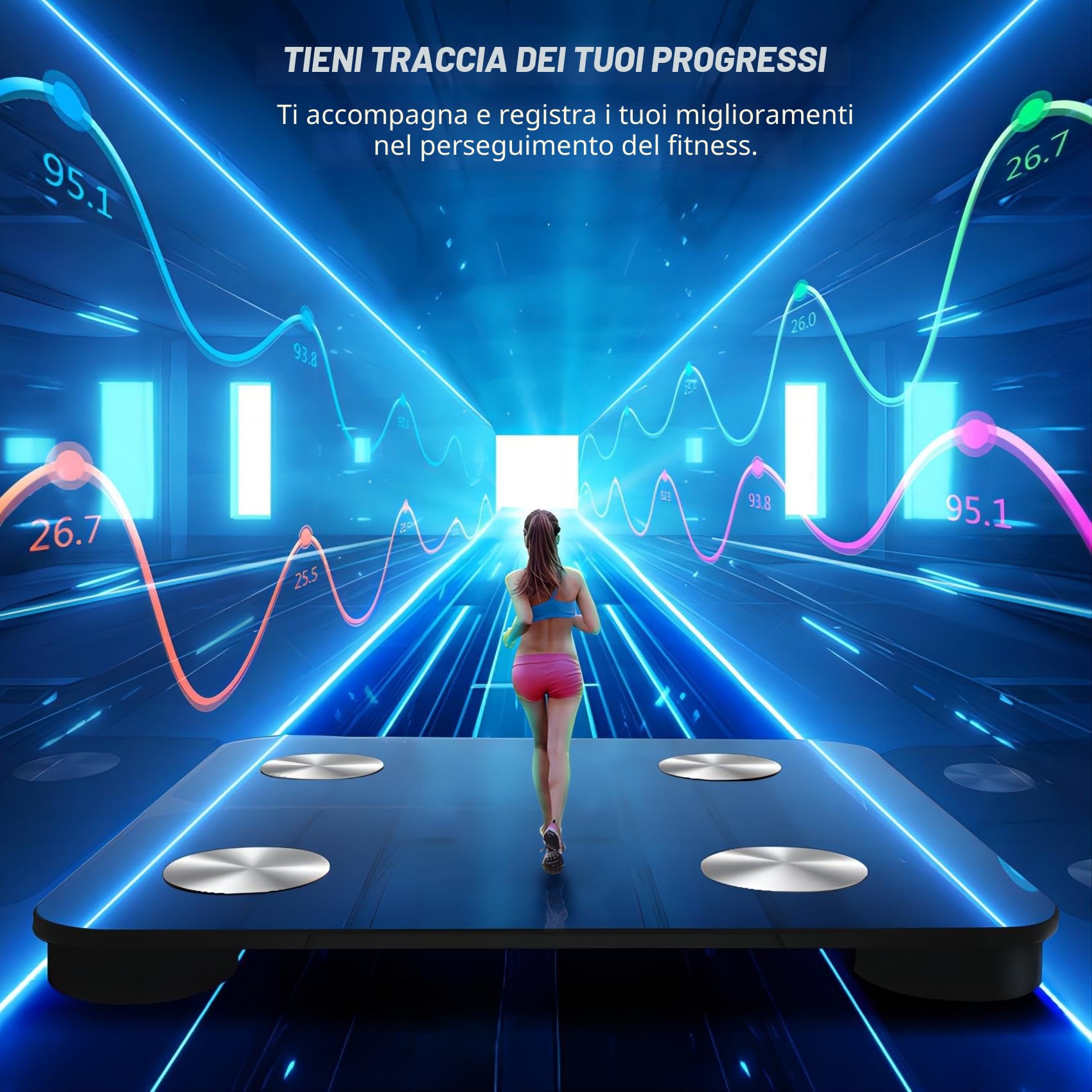 Bilancia Pesapersone Digitale Professionale Impedenziometrica Senza Fili Intelligente per IOS &Android Integrata con 13 Indici di Misurazione Massa Grassa,Massa Magra e Metabolismo Basale,26*26cm,Nero