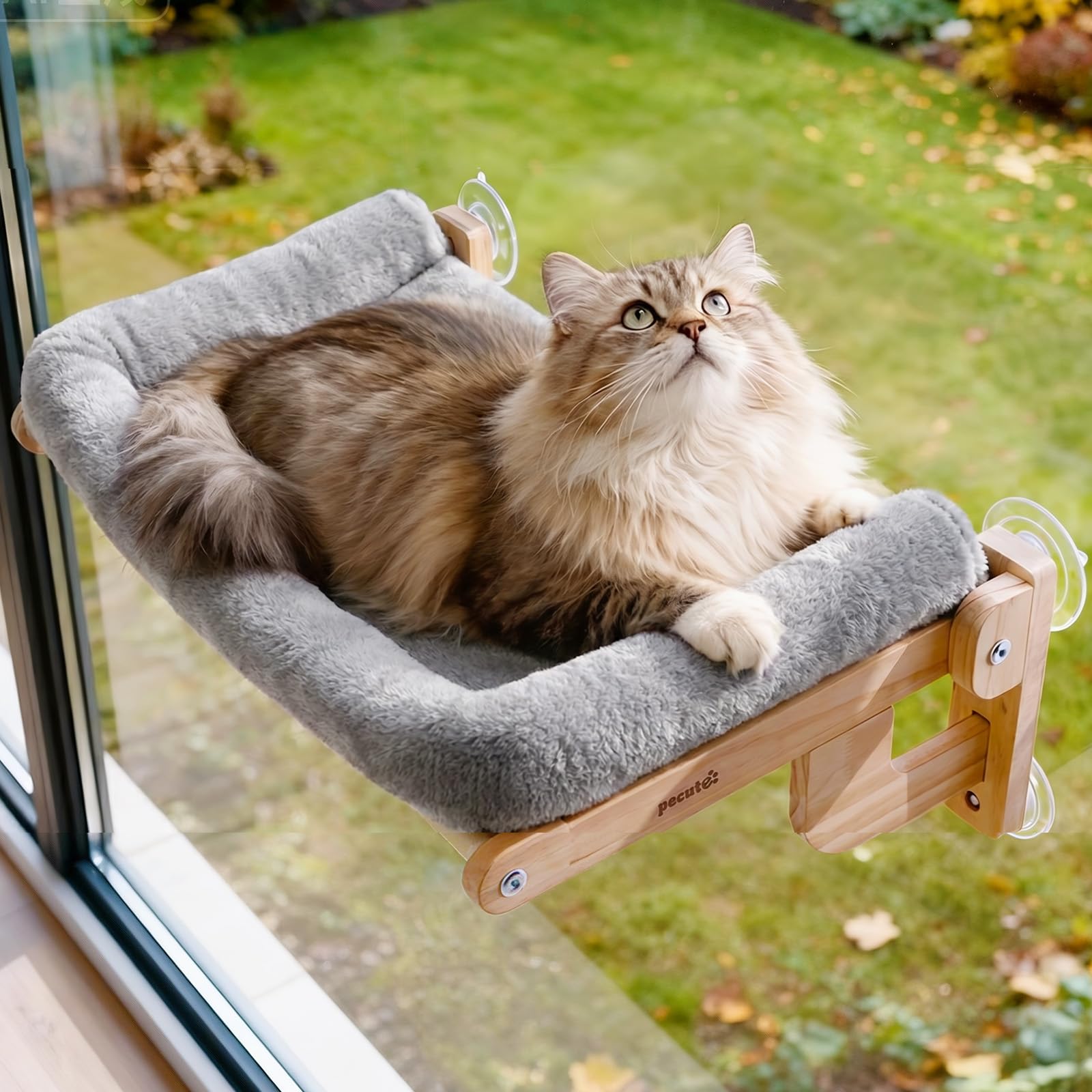 Pecute Foldable Cat Window Perch, Cloud-Soft Cat Bed with Solid Wood Frame