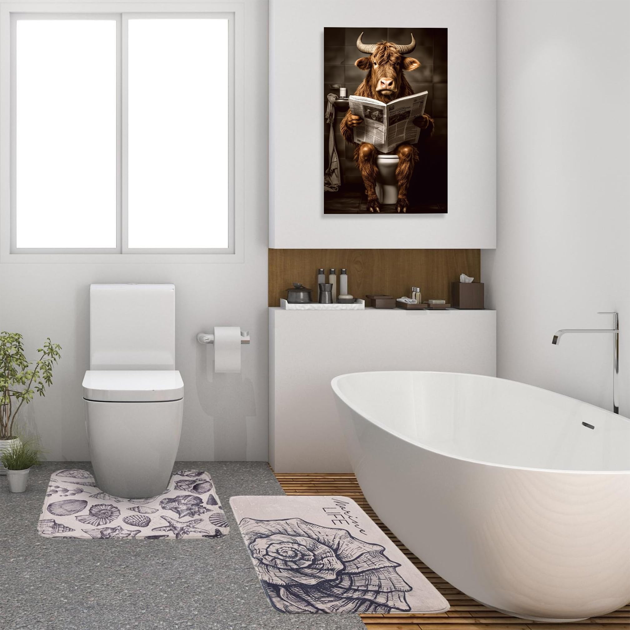 LZIMU Bathroom Cow Wall Art Brown Cattle Sitting on Toilet Reading Newspaper Canvas Prints Funny Animals Posters Home Decor Framed (Bathroom-4 - Image 3