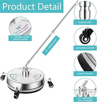 Tecoloy 14" Pressure Washer Surface Cleaner with 4 Wheels-Stainless Steel Power Washer Accessories for Concrete Driveways Sidewalks Patios Cleaning (14 INCH Silver)