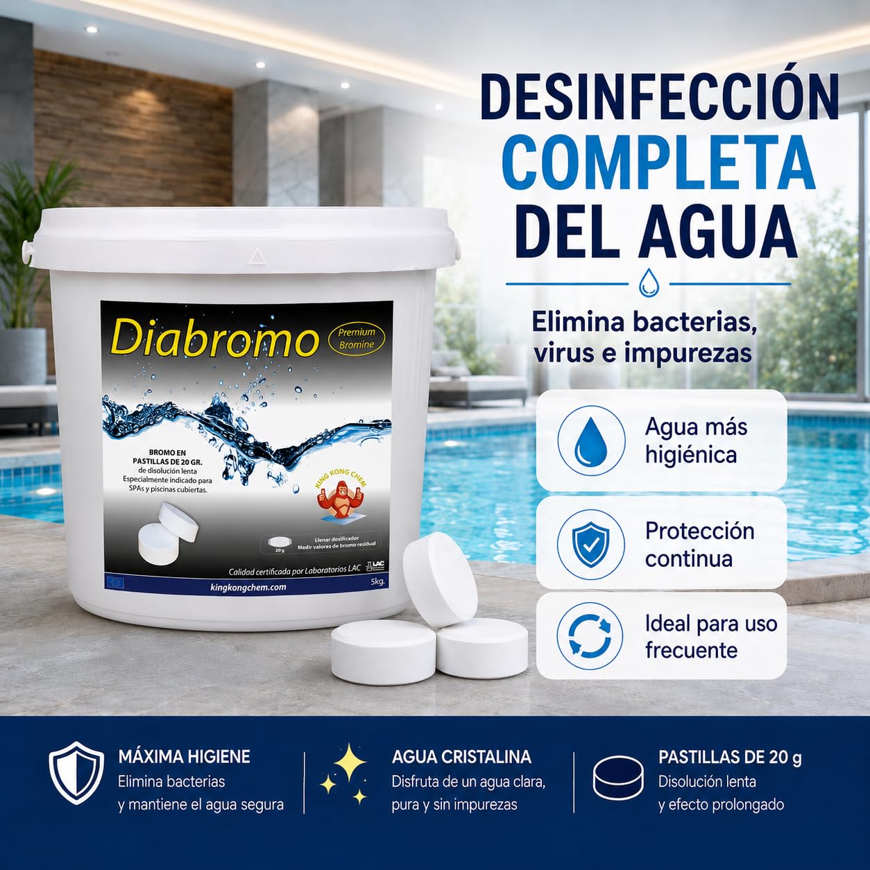 Diabromo 5 kg - Bromo Desinfectante para SPA y Piscinas Cubiertas - Pastillas de 20 Gramos