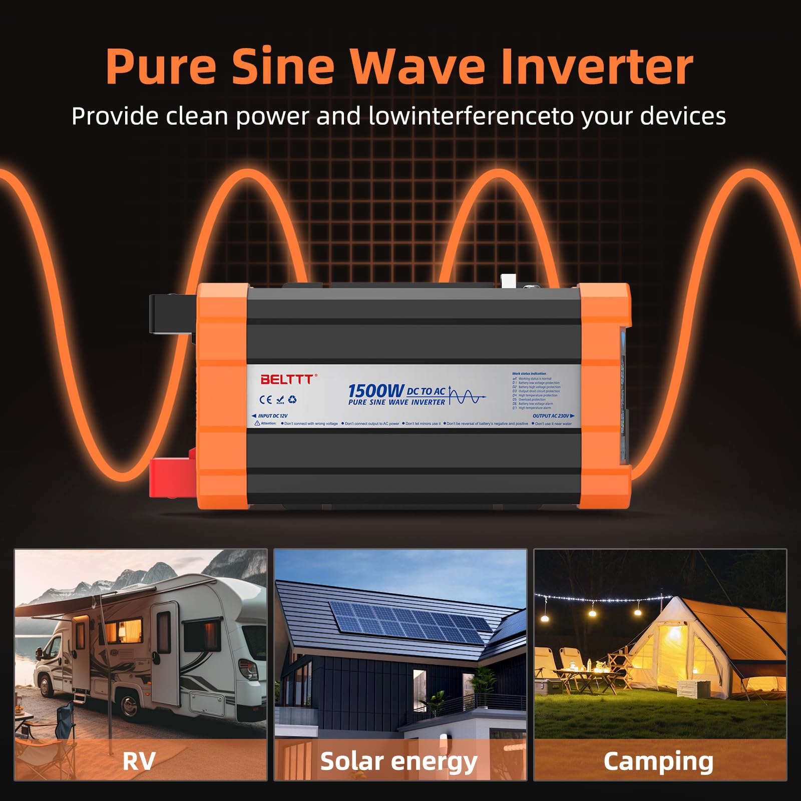 Rewing 1500W Power Inverter 12V to 230V AC Pure Sine Wave Inverter,Car Inverter DC 12v to AC 230V UK with AC Sockets Dual Car Adapter With LED Display Suitable for Travel, RV, Camping — view 3