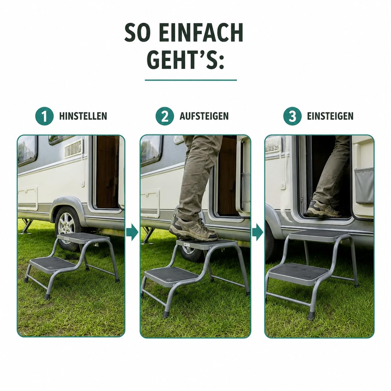 Happy Rhino - Doppelte Trittstufe Deluxe - Wohnwagen Trittstufe - Campingstufe - Wohnmobil Einstiegshilfe - Grau - 64 cm
