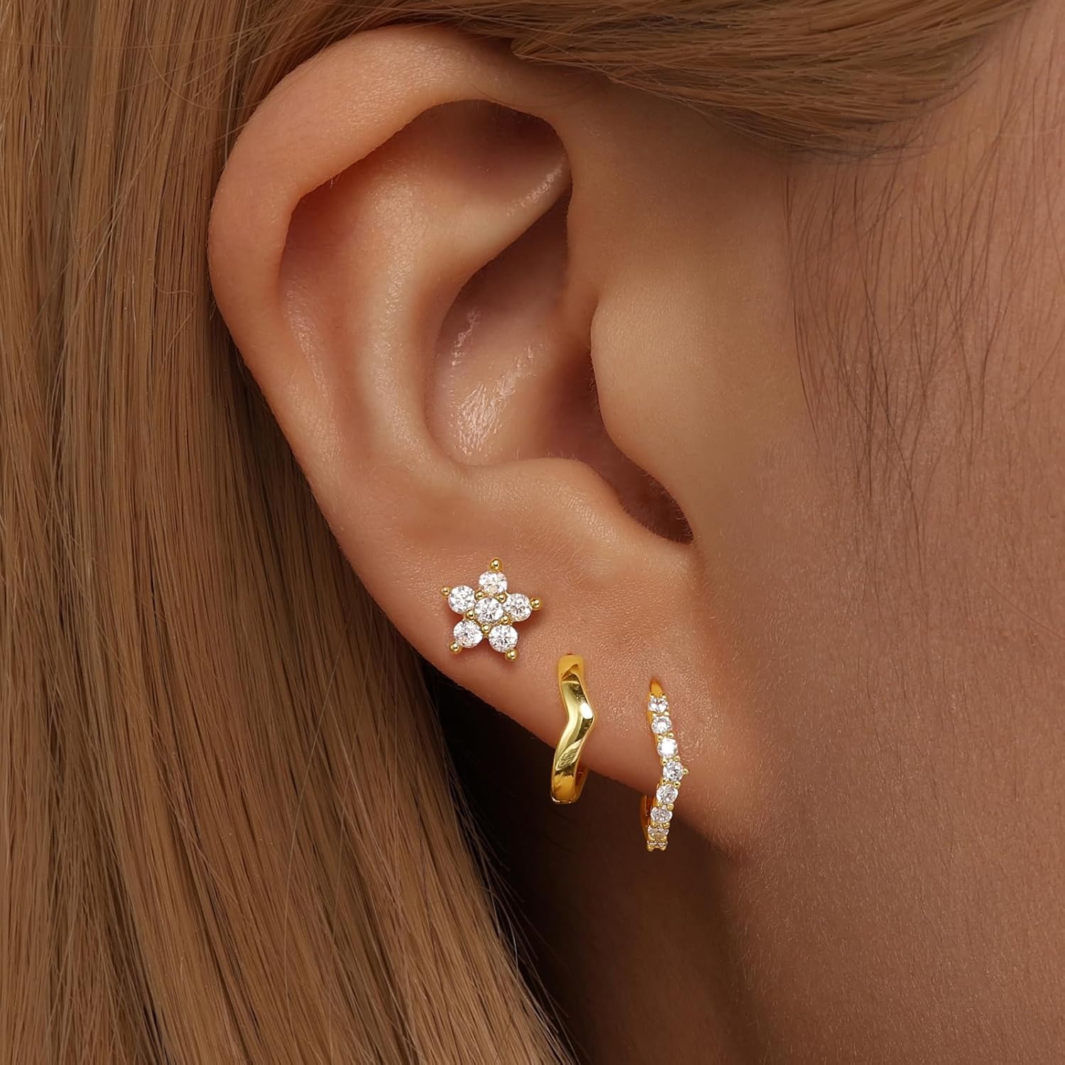 GEORGE · SMITH Gold Flower Earrings for Women, 925 Sterling Silver Flower Stud Cartilage Earring Set, Cubic Zirconia Earring Sets for Multiple Piercing, Dainty Gold Stud Earrings Set - Image 4