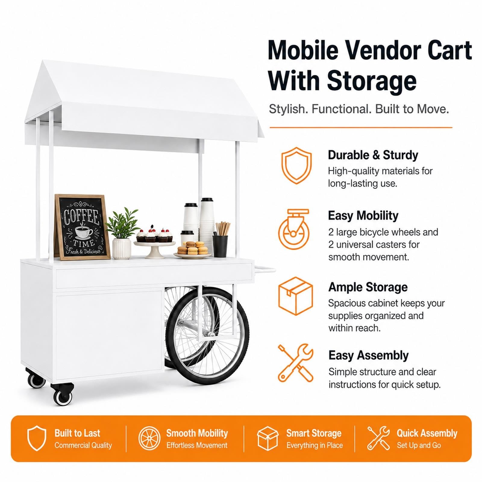 Carrello per Vendita Ambulante, Stand per Mercati con Ruote e Tendalino