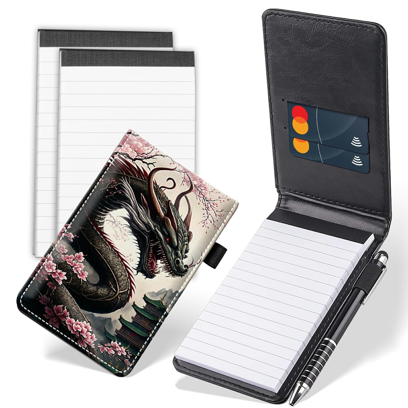 4 Pcs Mini Pocket Notepads Holder Set, Dragon Cherry Blossom PU Leather Small Notebook Cover Memo Holder with 2 Card Slots Plus 1 Stylus Pen and 2 Packs Memo for Business Travel Meeting Daily Records