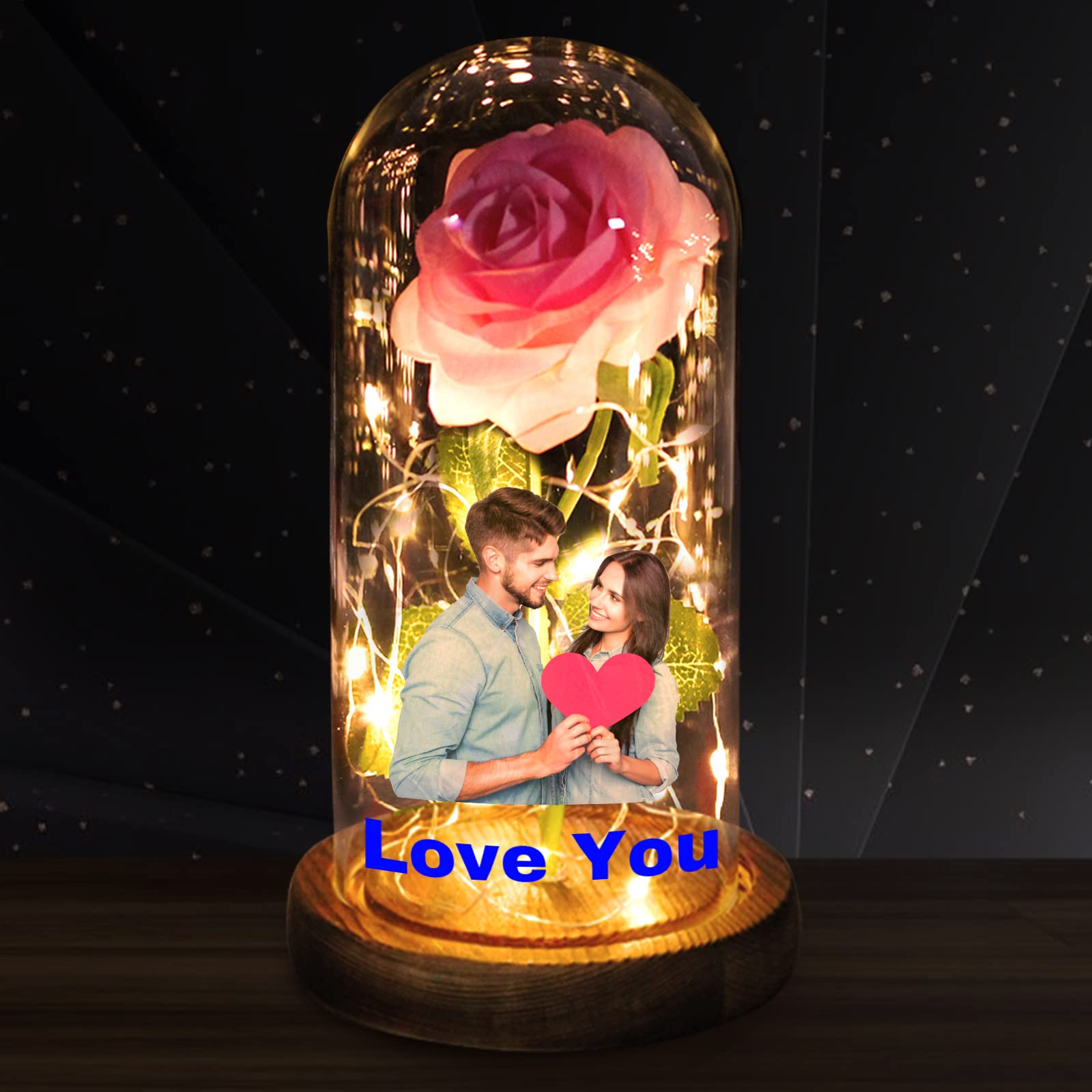 Custom Photo Rose Light, Rose in Glass Dome with LED Lights Eternal Flower Lamp with Picture Text,Gift in Mother's Day Valentines Anniversary Birthday