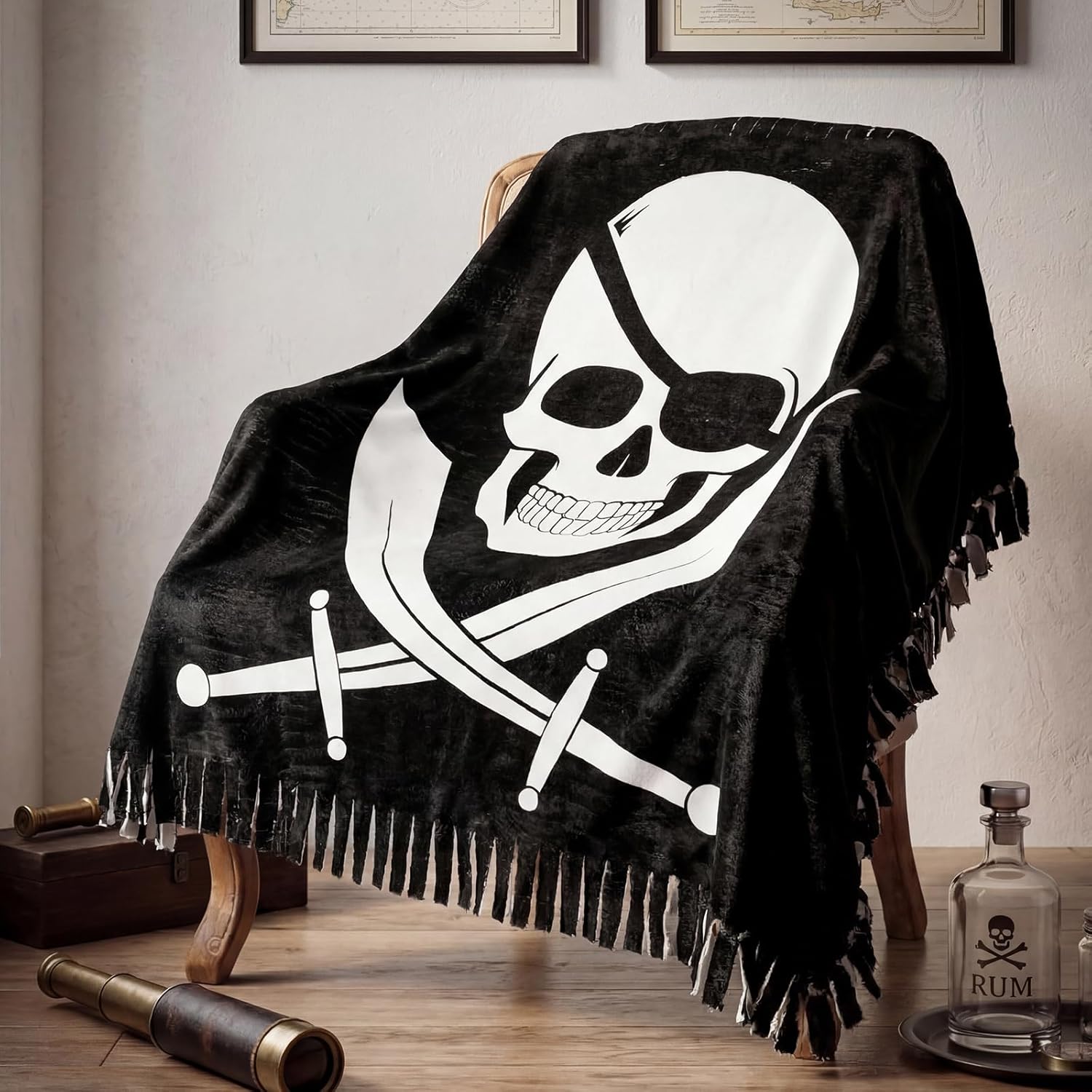 Chumia 2 Pcs/1 Set Pirate DIY Tie Blankets Fleece Kit Jolly Roger No Sew Blanket Craft 57 x 57 Inch Skull No Sew Fabric Tie Knot Throw Making Grunge Skeleton Blanket Pirate Party Gifts for Bed Couch
