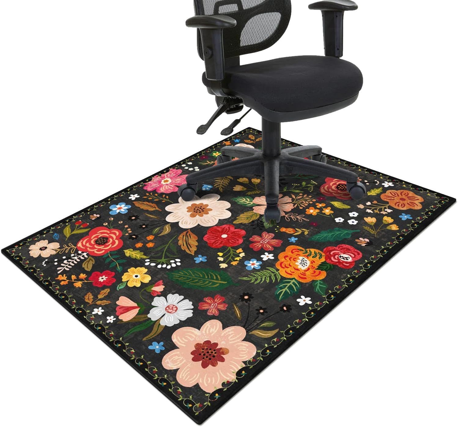 Office Chair Mat for Hardwood & Tile Floor,Boho Floral 36"x48" Office Computer Chair Mat for Rolling Chairs,Under Desk Non Slip Gaming Rug,Rubber Backing Large Low-Pile Carpet Protector Mat(Black)