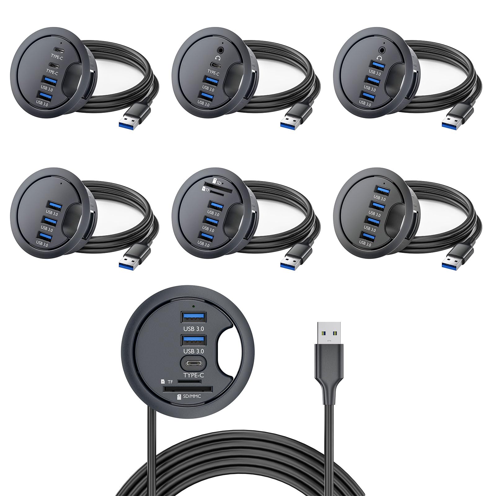 Hub USB 2.0 A 3 Porte Con Foro Da Scrivania Da 60 Mm, Organizer Cavi Integrato, Plug And Play, Cavo 1.5 M - 3