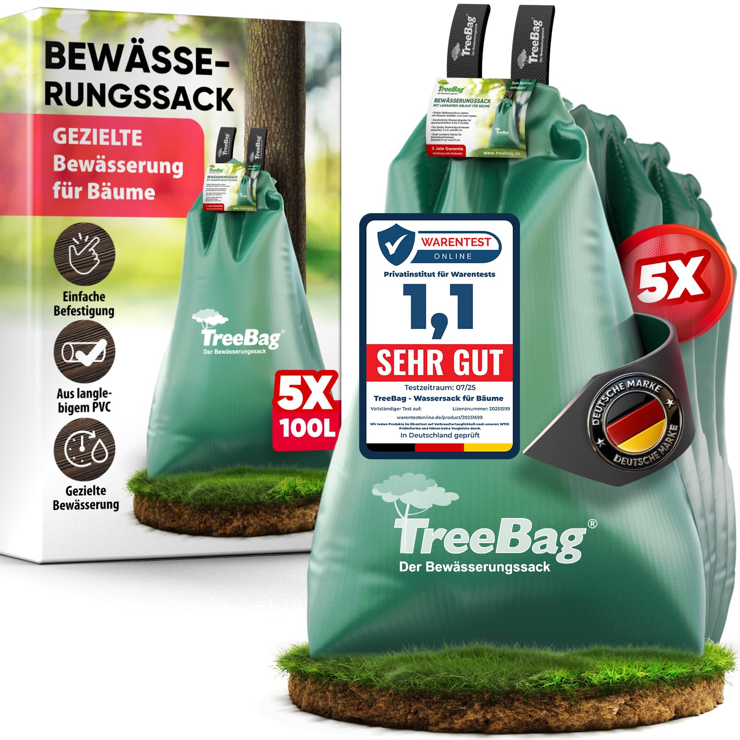 treebag PVC Bewässerungssack, Bewässerungsbeutel/Wassersack/Bewässerungssystem für Bäume, uv-stabile und verstärkte Glatte Polyvinylchloridfolie, 92x86 cm, ca. 75l, Farbe: Grün