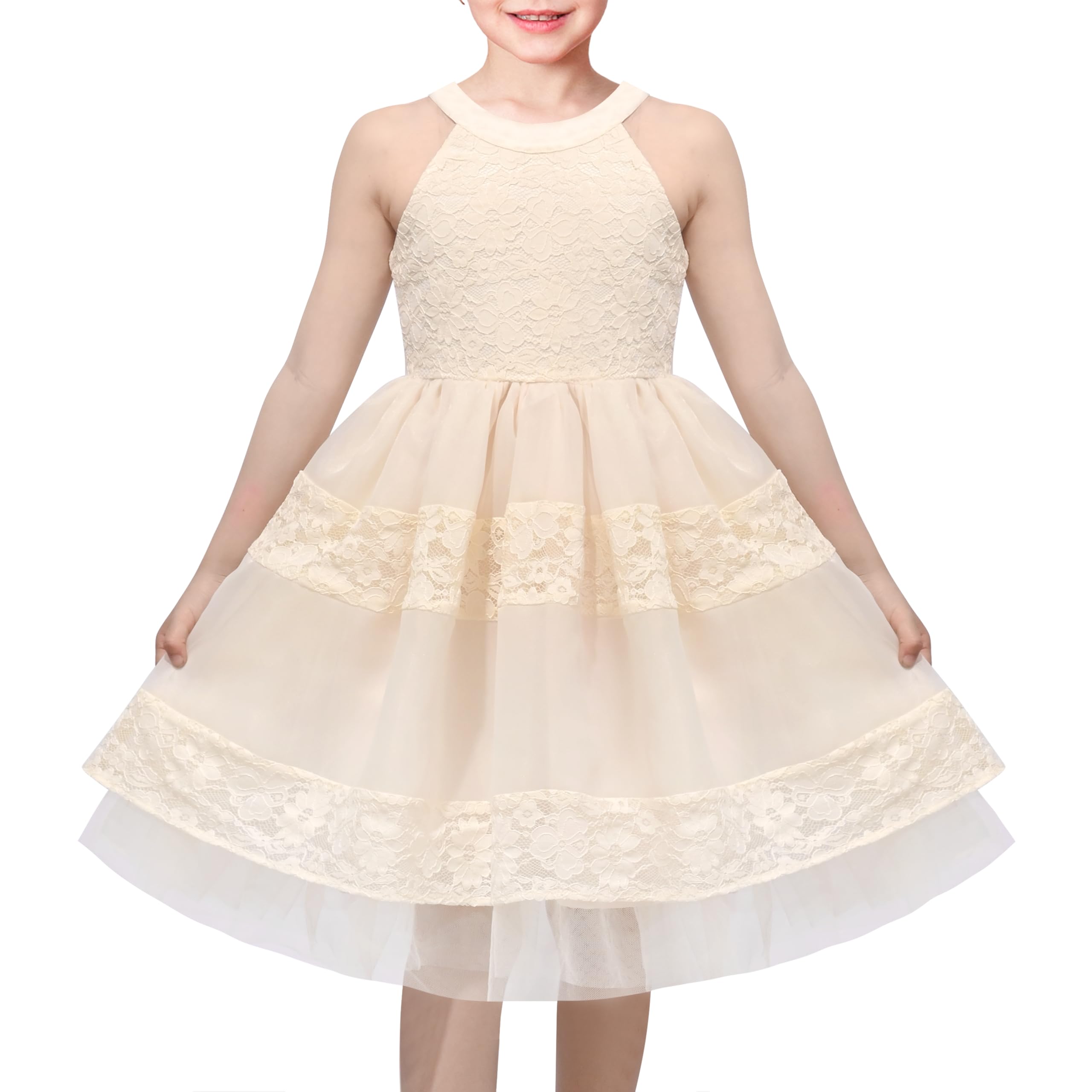 Vestido para niña de encaje sin mangas y cuello halter ceremonial 8