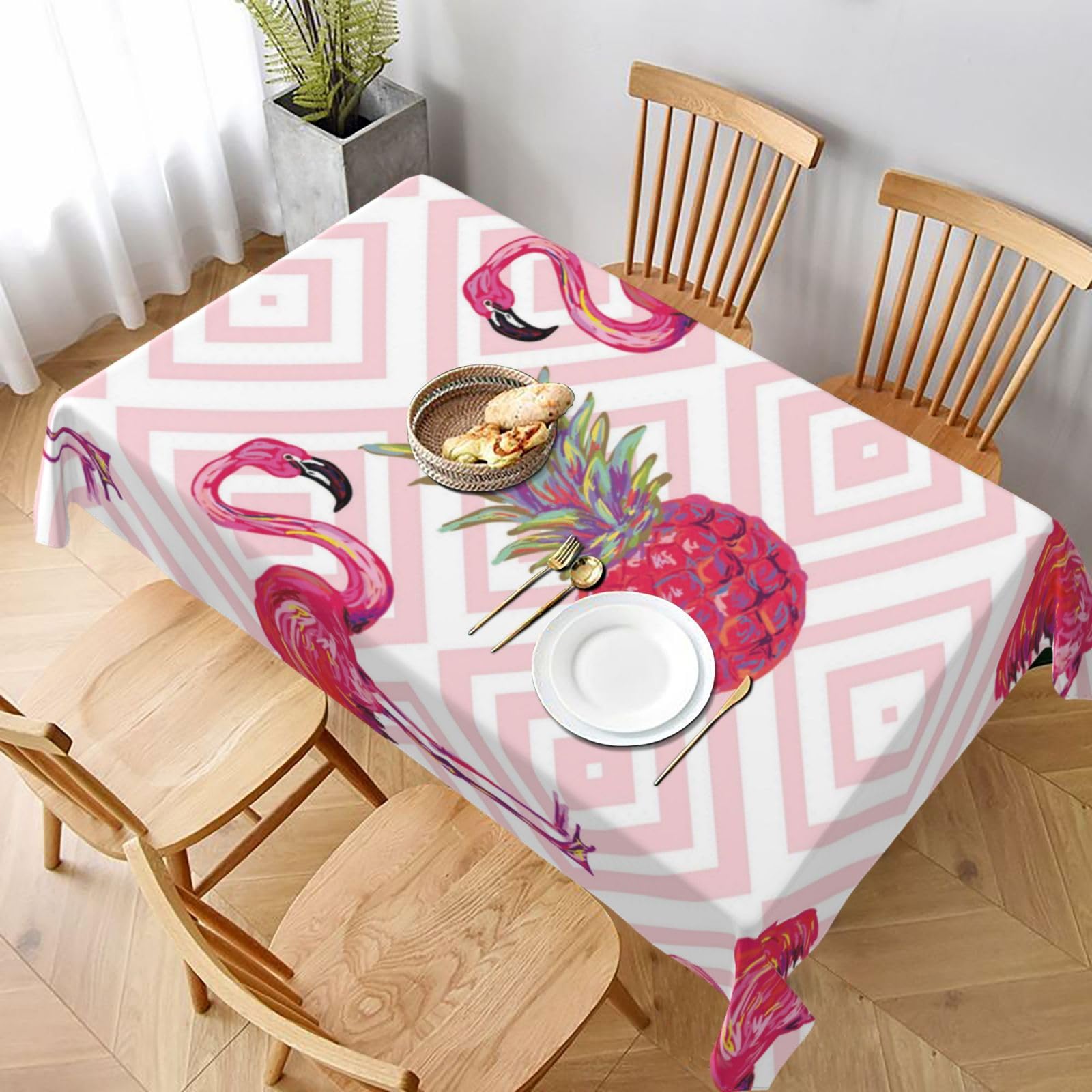 BNVSADC Pink Flamingo Pineapple Printed Rectangle Tablecloth 228x152 CM, Water Resistant Polyester Table Cloth Decorative Fabric Table Covers for Kitchen Dining Table Parties Camping