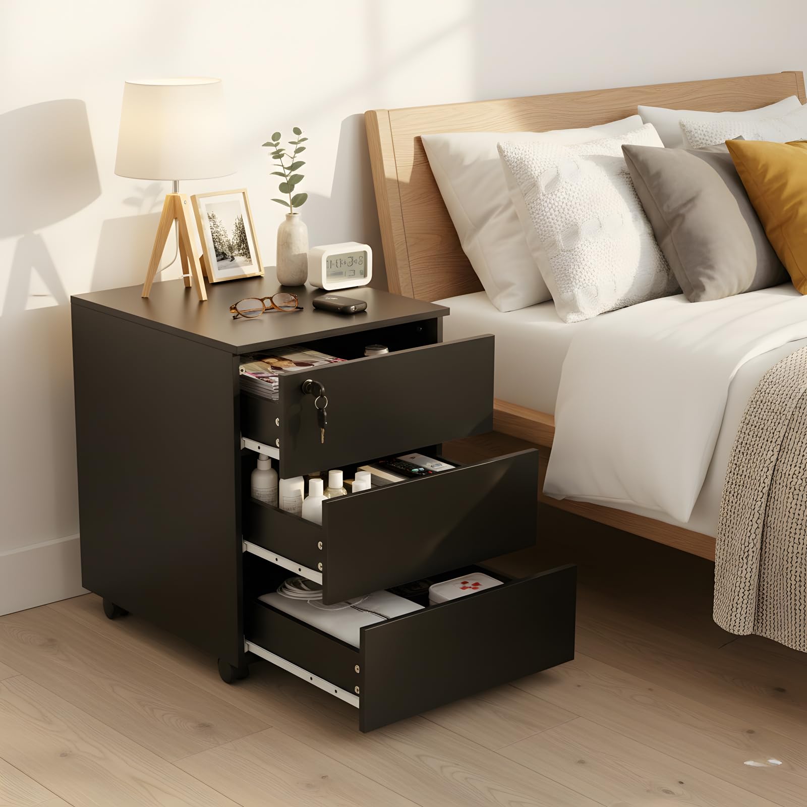 Archivador Vertical Negro con 3 Cajones y Cerradura, Gabinete de Archivo de Madera con Ruedas para Oficina y Hogar, 39x45x54 cm