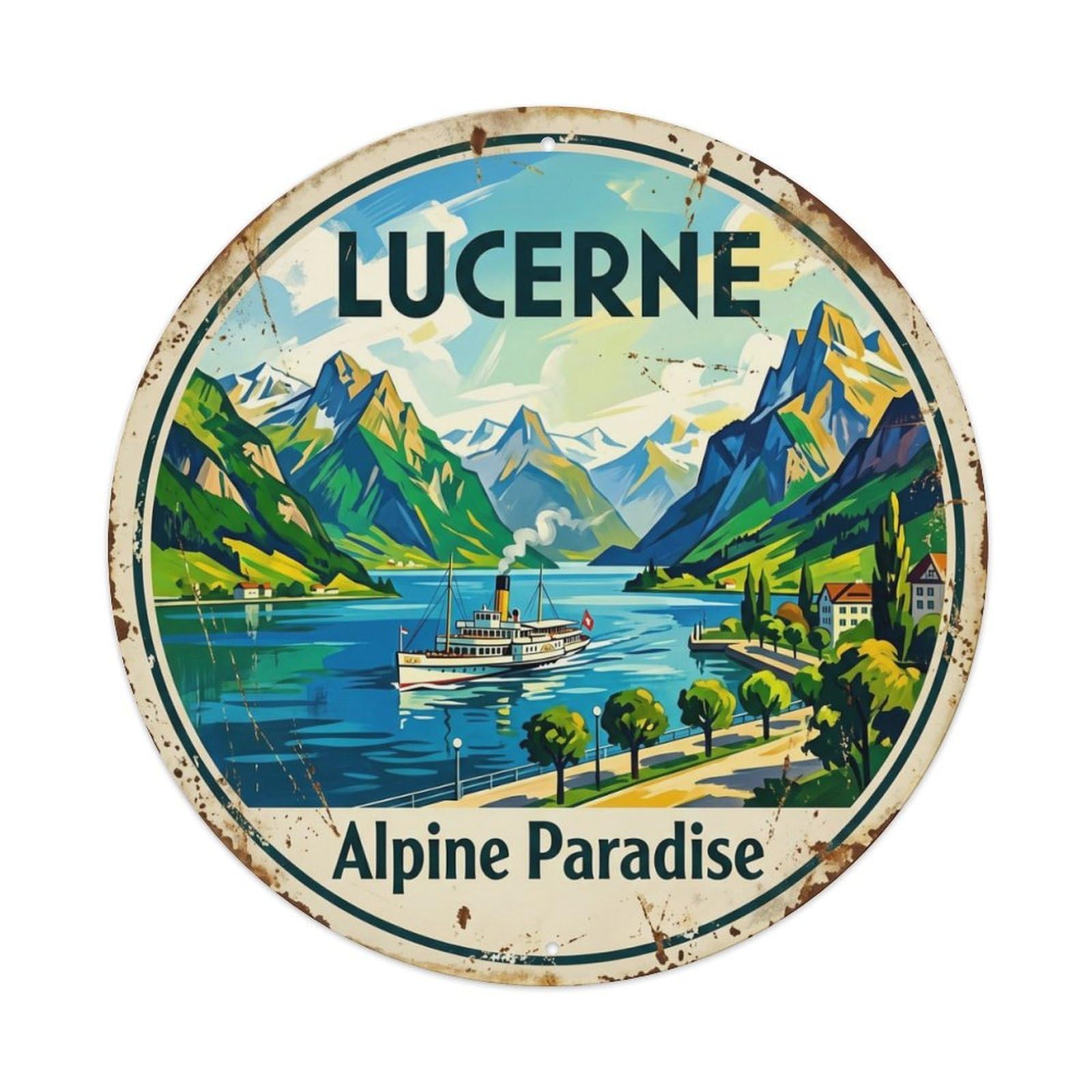 Vintage Travel Lucerne Alpine Waters Metal Tin Sign Plaque Wall Decor for Cafe, Club, Garden Round Metal Poster 8x8Inch