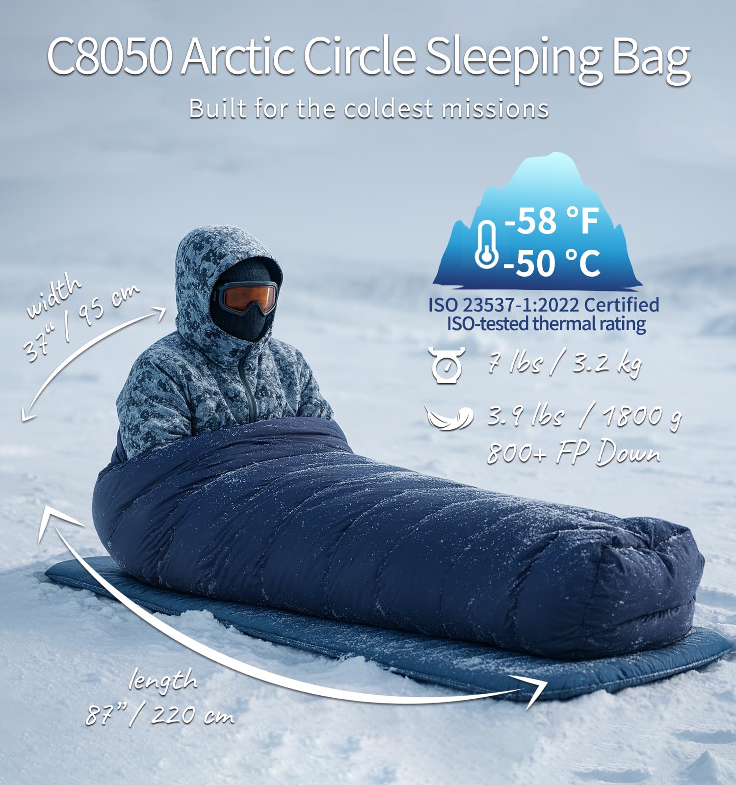 Litume Śpiwór -50°C lodowcowy - ekstremalne zimno, dół 800+ fill Power 1,8 kg, mumia o jakości wysyłkowej, wodoodporny nylon 20D, przetestowany na kemping zimowy i alpinizm.