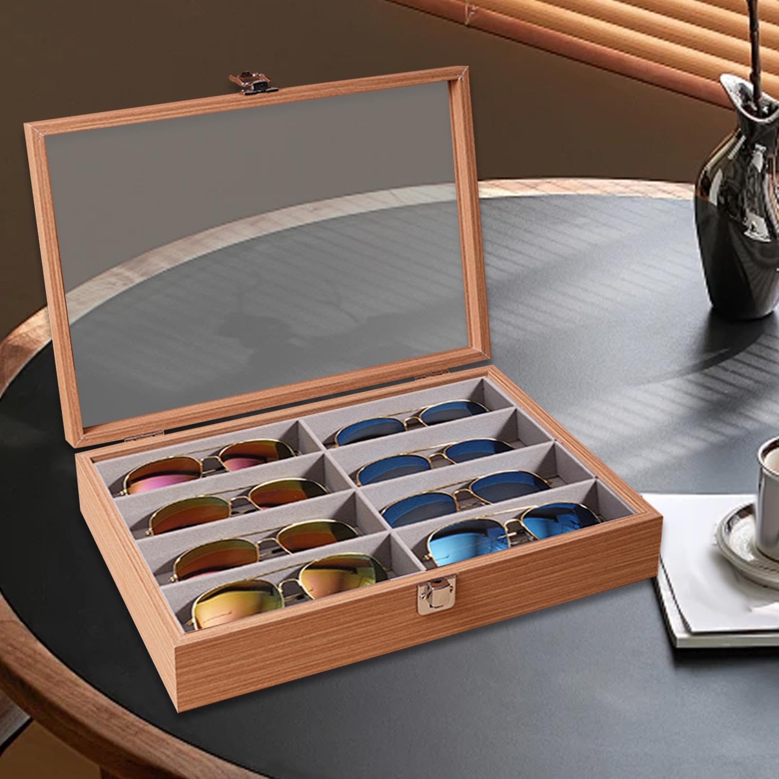 Brille Holzablage 8 Geteilte Fächer Brillenaufbewahrungsbox Sonnenbrillenorganizer Schmuckhalter Samt Innenfutter für Zuhause Studio Boutique