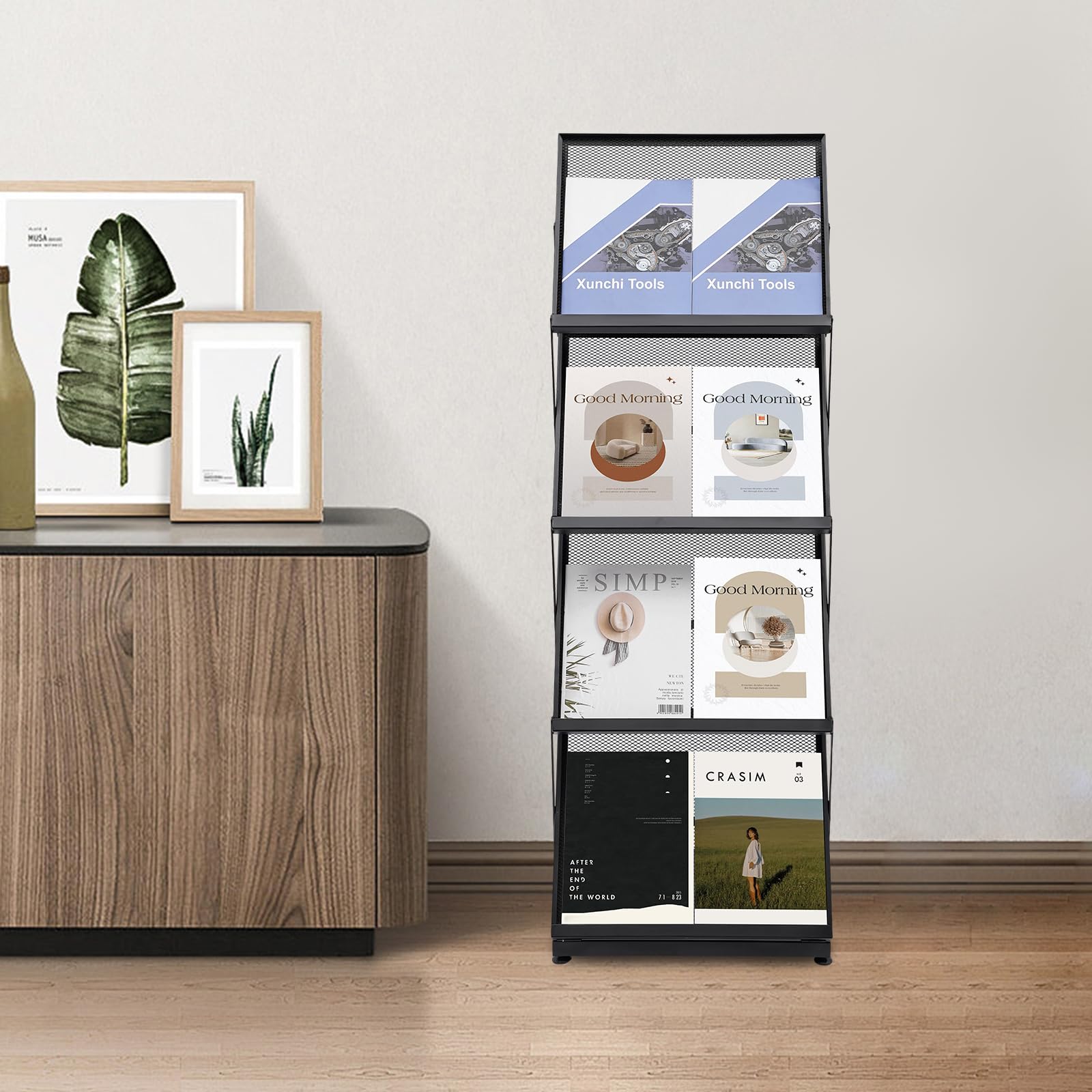 Zeitschriftenständer Metall, 4 Etagen Prospektständer mit schrägem Design, Faltbarer Magazinhalter Ständer mit Schutzgeländern, A3 Zeitungsständer für Büro, Schule, Wartezimmer, Schwarz
