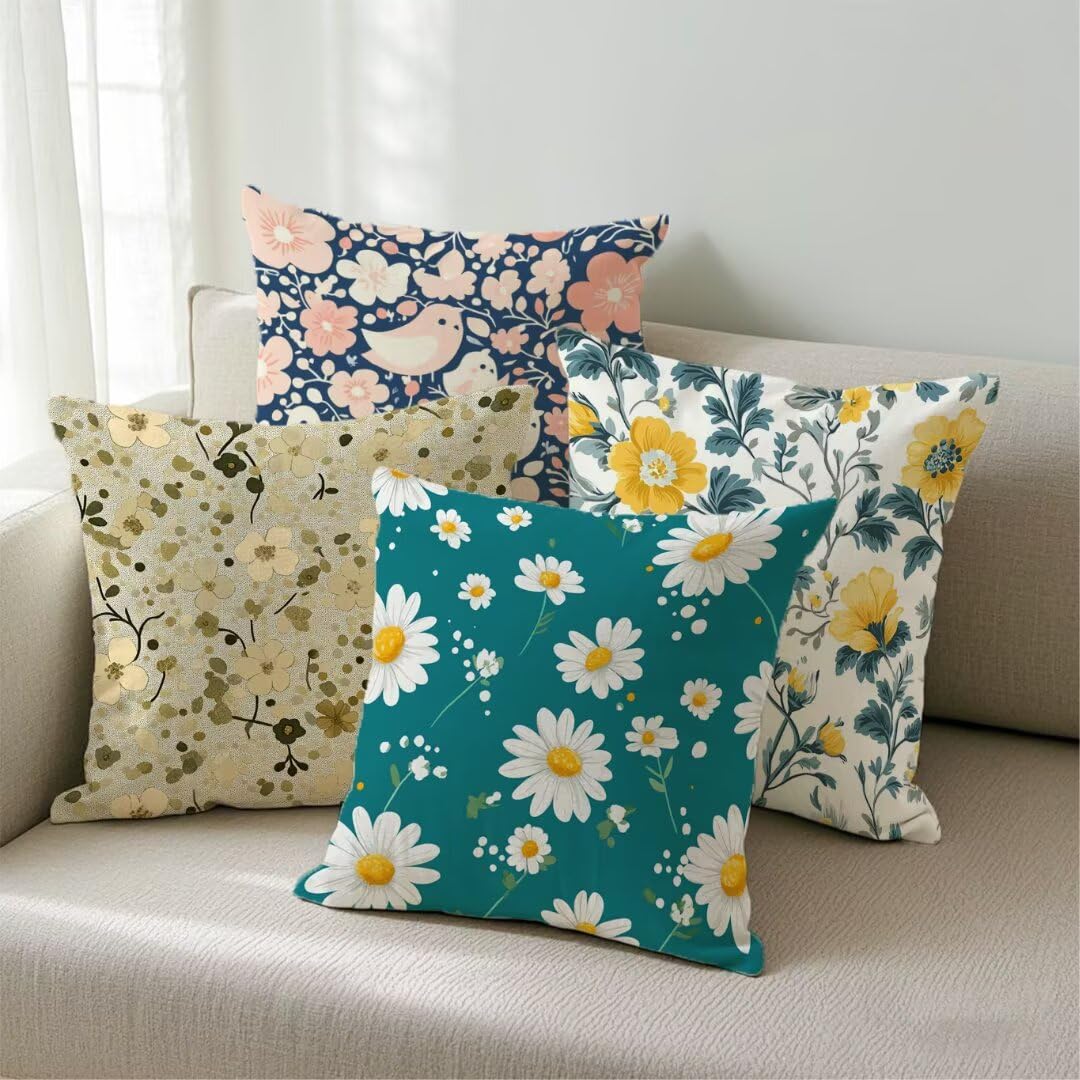 Fundas Cojines 40x40 cm Exterior Cojines Primavera Fundas de Almohada Juego de 4, Cuadrados Funda Cojin Verano Almohadas con Cremallera Invisible, Sofa Cama Decorativos para Hogar, Jardín, Salón Ym93